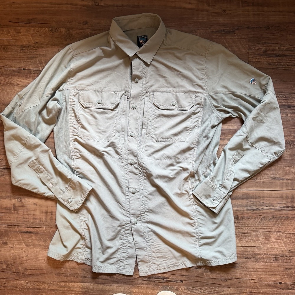 KUHL Shirt Mens Medium Green Long Sleeve Button Up Fishing Vented Hiking Stretch